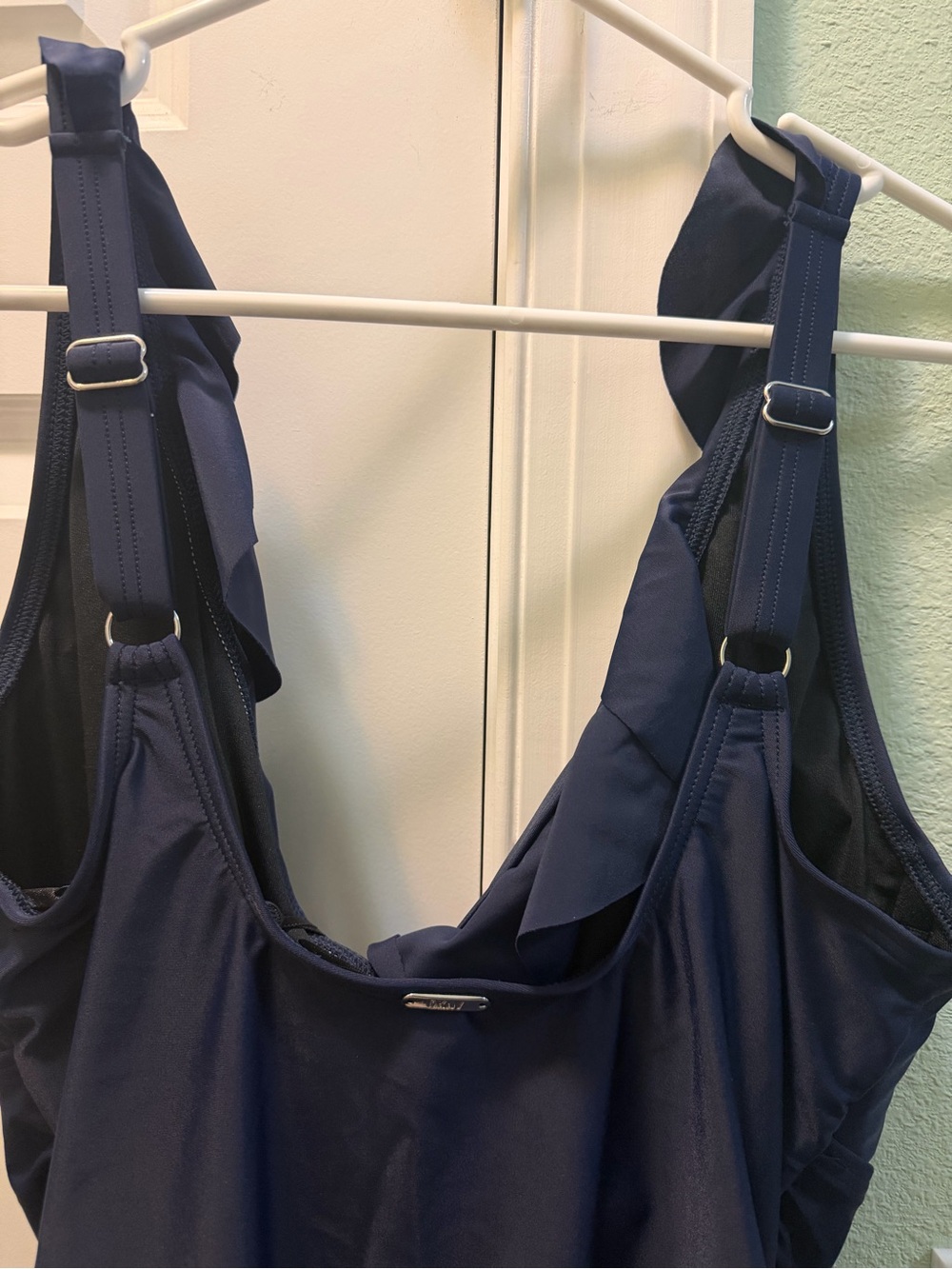 DKNY Women’s Navy Ruffle Plunge Tummy Control one piece swimsuit NWT Size 12 - Picture 7 of 14